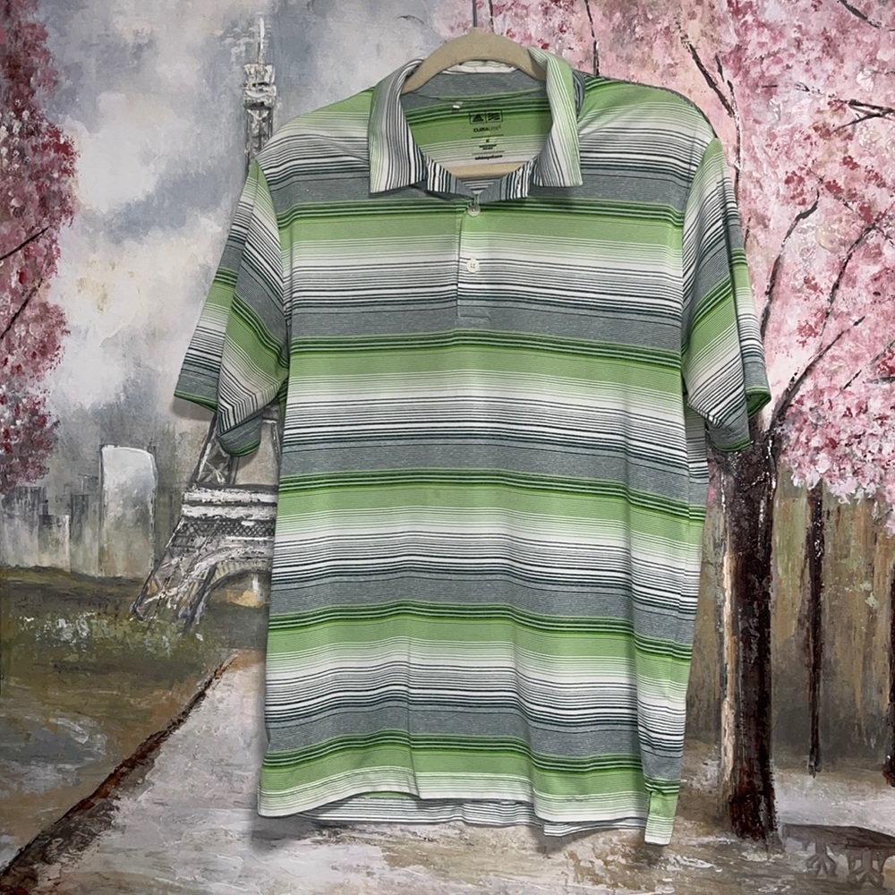 Adidas polo shirt mens golf green white stripe Clima-lite casual athletic sz M